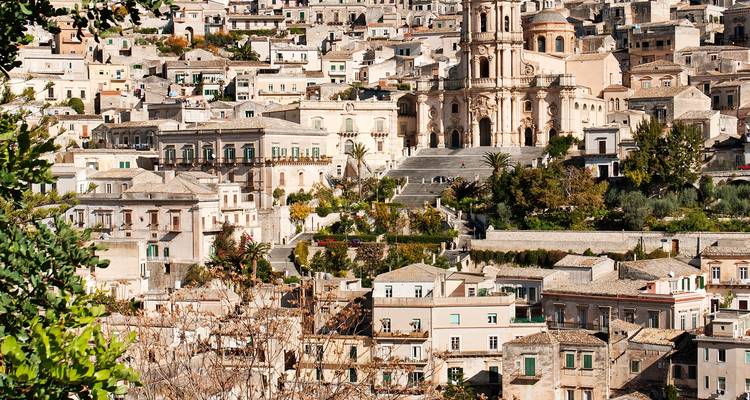 Paisaje urbano con edificios históricos y exuberante vegetación