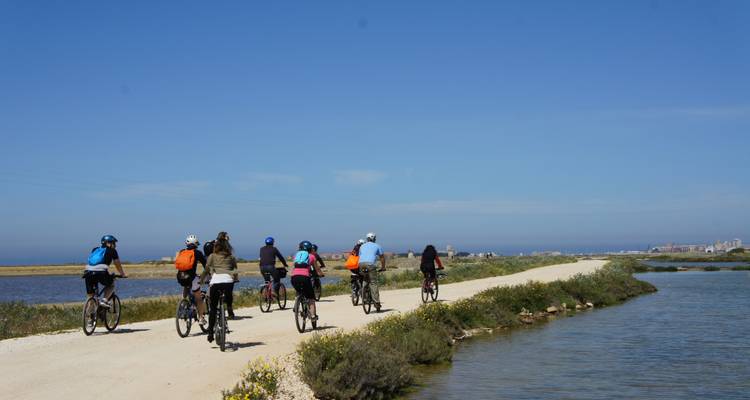 Ciclistas en un sendero junto a un curso de agua