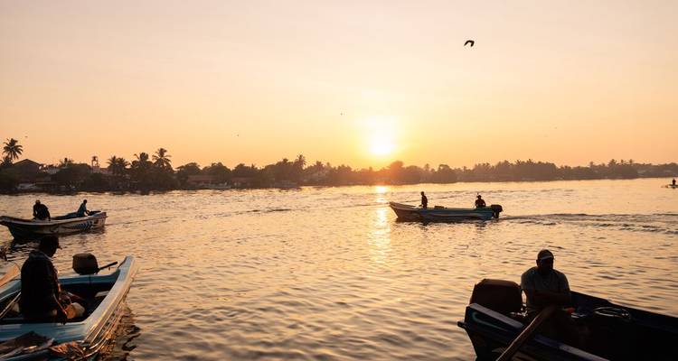 Bateaux sur une mer calme au coucher du soleil avec des silhouettes d'arbres et de personnes.