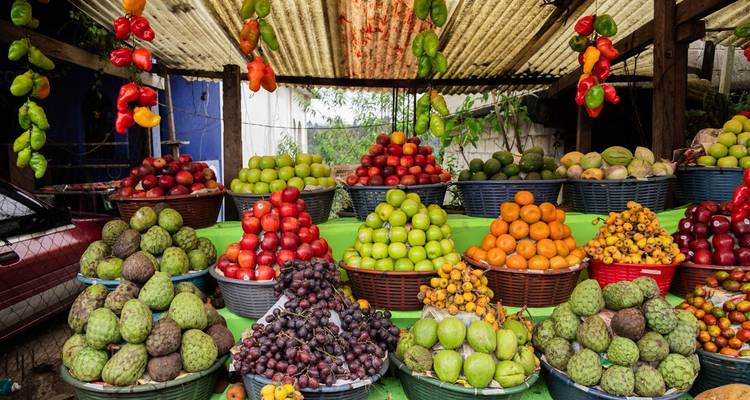 Un étalage vibrant de fruits tropicaux dans des paniers.