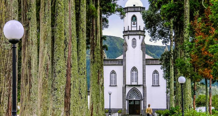 Église blanche avec un haut clocher encadrée par des troncs d'arbres couverts de mousse sur une place de village tranquille.