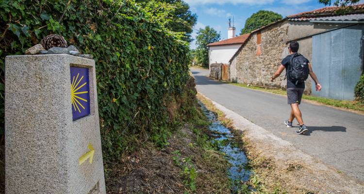 Un randonneur en solo marche sur un sentier rural du Camino devant un marqueur en pierre portant le symbole de la coquille Saint-Jacques.