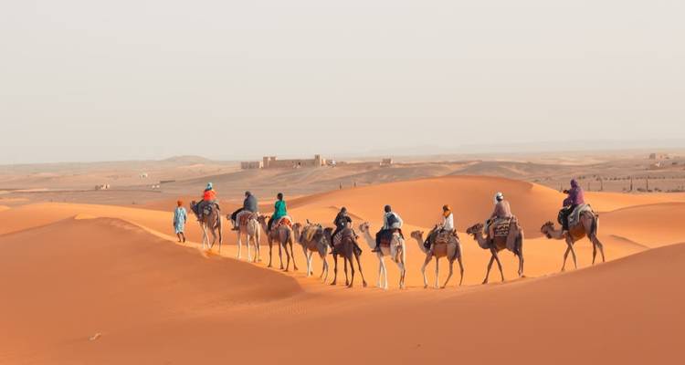 Caravane de touristes se déplaçant à dos de chameau en file indienne à travers les dunes de sable orange du Sahara.