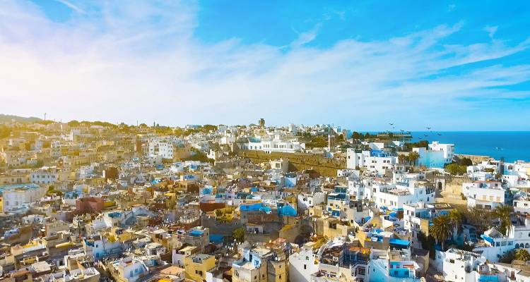 Panorama aérien d'une ville côtière blanche et bleue s'étendant vers la mer sous un ciel lumineux.
