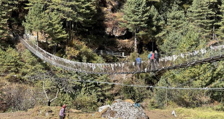 Lange hangbrug met gebedsvlaggen erover heen spant zich uit boven een bosrijke kloof terwijl trekkingstoeristen oversteken.