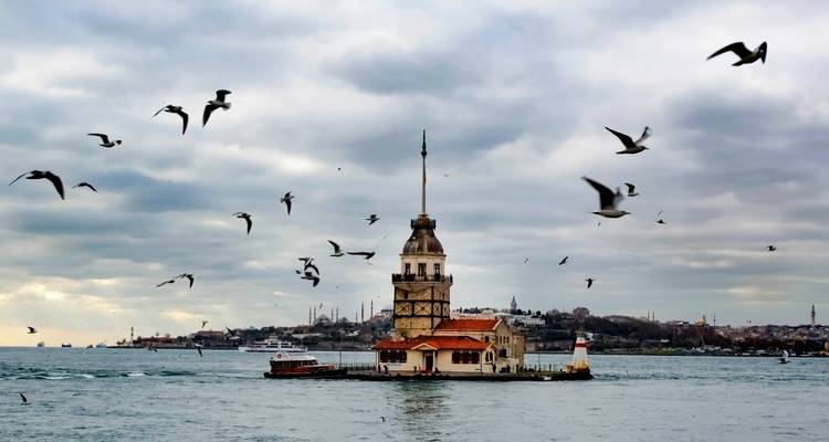 Kızkulesi am Bosphorus, umgeben von Möwen.