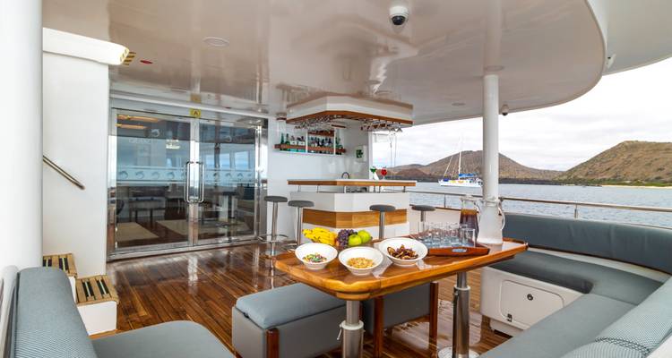 Buitenaanzicht van een cruiseschip dek met een bar en snacks, met uitzicht op een eiland