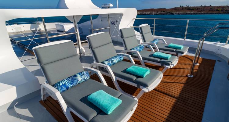 Ligbedden op het dek van een cruiseschip met helder weer en uitzicht op eilanden