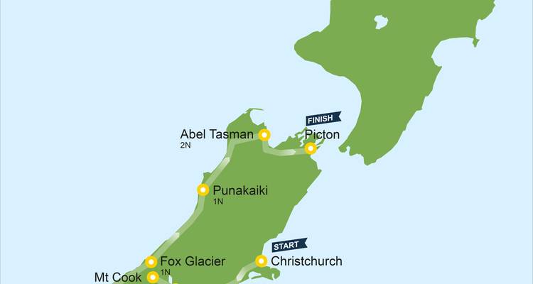 Kaart van de routes van Nieuw-Zeeland's Zuidereiland die bepaalde bestemmingen benadrukt.