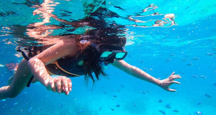 Buceador con esnórquel en agua azul cristalina con peces.