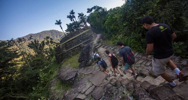 Los viajeros caminan por un antiguo sendero de piedra rodeado de una exuberante selva verde y montañas lejanas.
