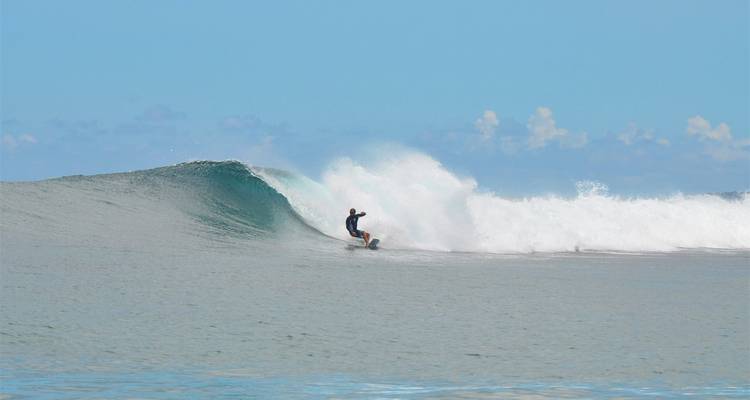 Un surfeur se maintient en équilibre sur une vague turquoise cristalline avec des embruns blancs sous un ciel lumineux.