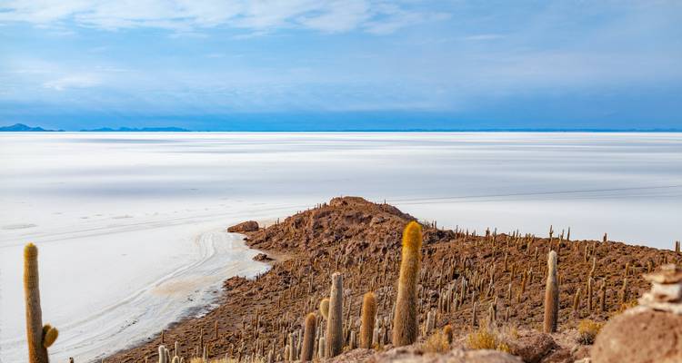 Vista sobre una isla rocosa rodeada de salinas.