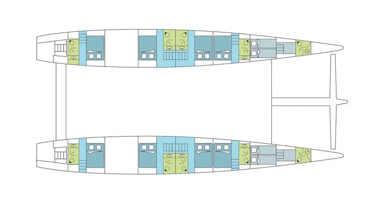 Diagramme simple du plan des ponts d'un catamaran montrant l'agencement des cabines et des installations.