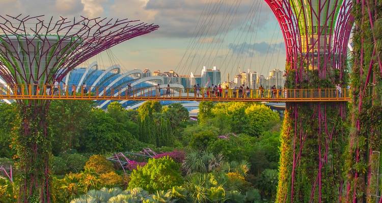 Jardins avec des structures futuristes et un pont pittoresque dans une ville.