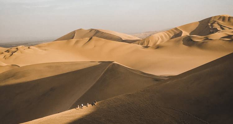 Un petit groupe traverse de vastes dunes de sable ondulantes sous un ciel désertique serein.