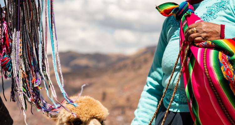 Primer plano de una mujer andina vestida de manera tradicional sosteniendo textiles coloridos junto a una llama curiosa.