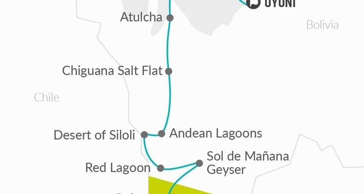 Mapa que muestra las rutas de viaje a través de Bolivia y Chile.