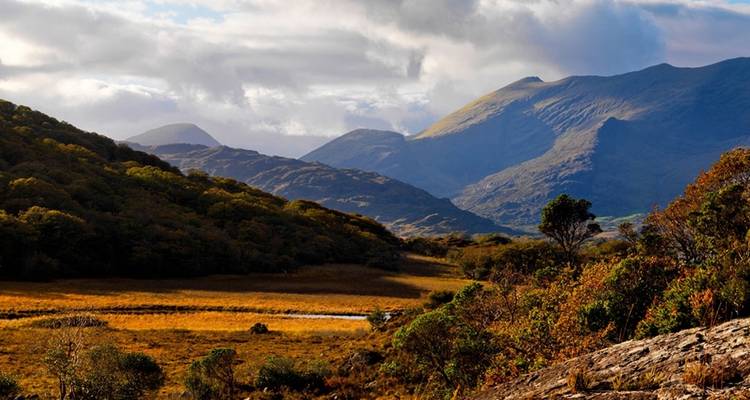 Vallée ensoleillée avec des montagnes spectaculaires en arrière-plan.