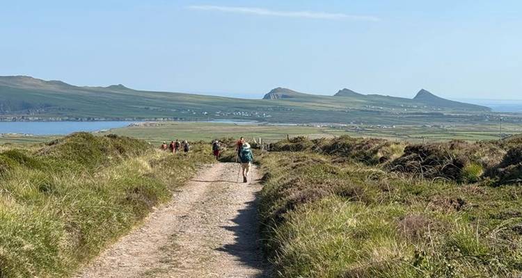 A group of hikers walking on a path with distant mountain views.