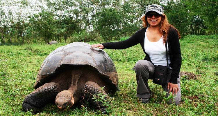 Una persona con una tortuga gigante sobre el césped.
