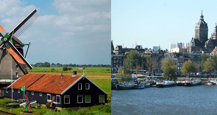 Image divisée montrant un moulin à vent traditionnel hollandais à côté de champs et le port d'Amsterdam avec une église historique