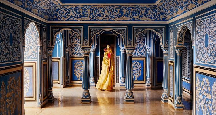 Person in traditional attire walking through a vibrantly painted blue hall.