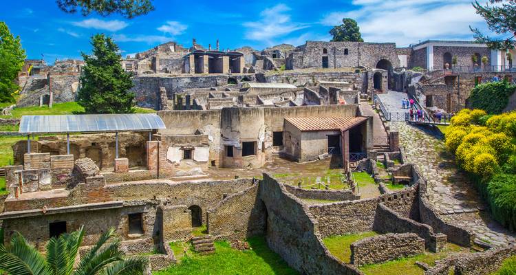 Ruins of ancient city with greenery and people exploring.