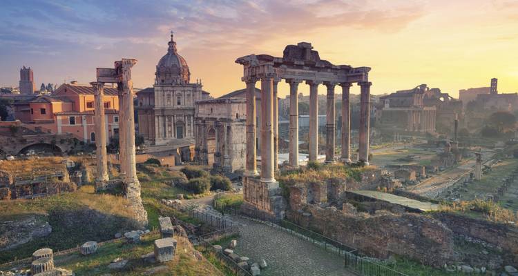 Panoramic view of the Roman Forum at sunset.