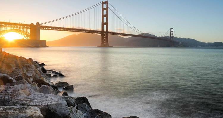 Golden Gate Bridge at sunset in San Francisco.