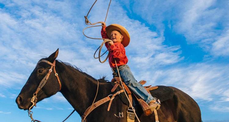 Un niño pequeño montando a caballo, sosteniendo un lazo, bajo un cielo despejado.