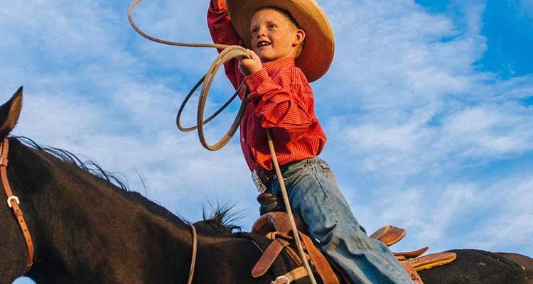 Un jeune cow-boy à cheval fait tournoyer un lasso haut dans les airs sous un ciel clair de l'Ouest.