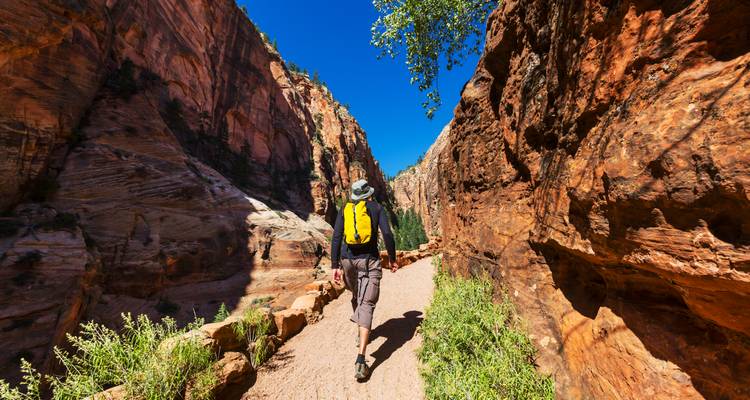 Rucksacktourist mit gelbem Rucksack wandert durch hohe rote Sandsteinschlucht unter strahlend blauem Himmel.