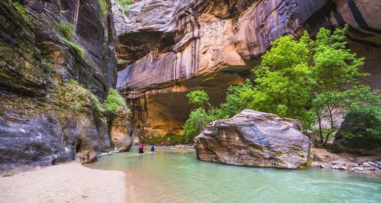 Drei Wanderer waten durch smaragdgrünes Wasser in einer schmalen Sandsteinschlucht mit üppigen Bäumen am Eingang.