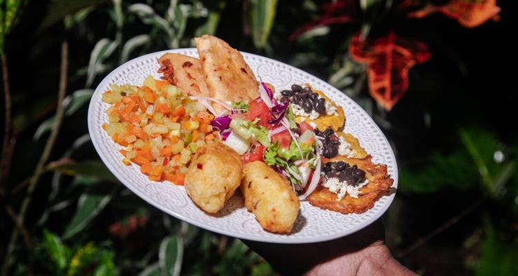 Hand hält einen Teller mit gemischten zentralamerikanischen Appetithäppchen einschließlich Kochbananen, Bohnen und Gemüse vor üppiger Kulisse