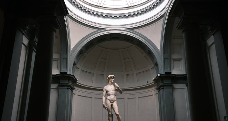 Michelangelo's David tentoongesteld onder het koepelvormige daklicht van de Accademia Gallery in Florence