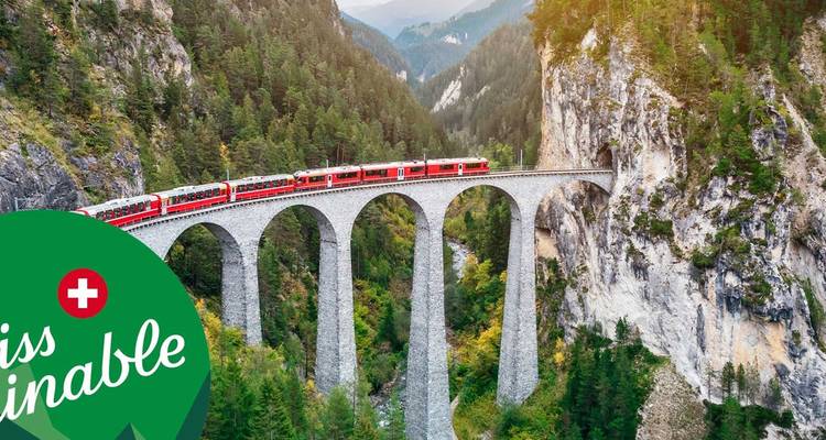 Train rouge emblématique traversant un haut viaduc en pierre à travers une gorge alpine boisée, superposé d'un graphique promotionnel vert.