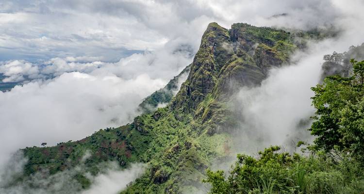 Vista montañosa impresionante con vegetación exuberante y nubes envolviendo los picos.