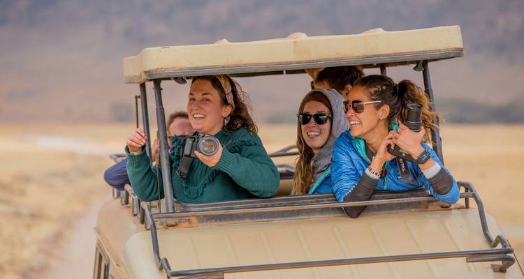 Touristen, die von einem Safari-Fahrzeug aus auf die Savanne blicken.