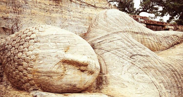 Close-up van een gigantisch liggend Boeddhabeeld uitgehouwen in steen.
