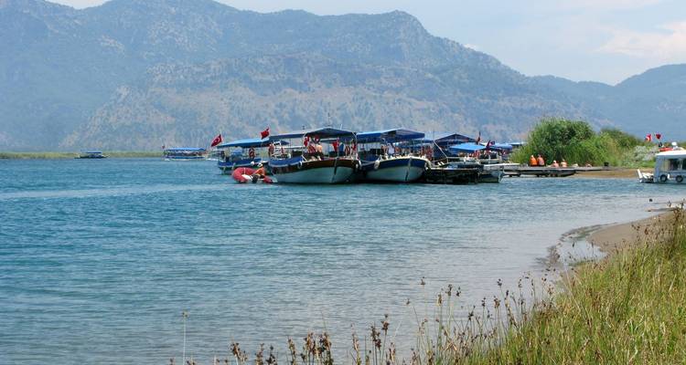Flat-bottom boats with Turkish flags moored along a tranquil riverbank with reeds and mountains beyond.