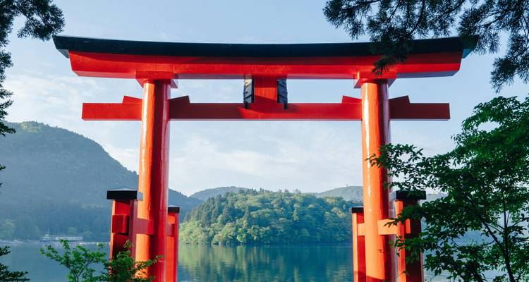 Grote Torii-poort met uitzicht op een meer en bos.