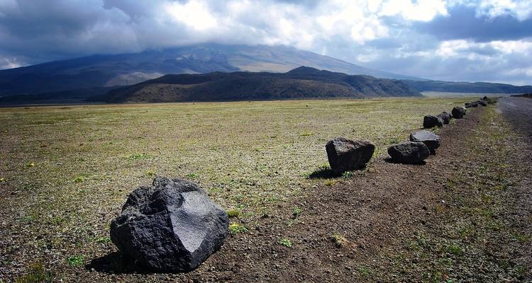 A barren landscape with rocks and mountains in the distance.