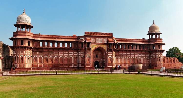 Historic fort with red sandstone architecture.