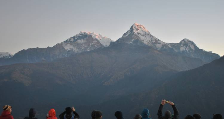 Les trekkeurs du petit matin photographient les pics enneigés de l'Annapurna illuminés par les premières lueurs de l'aube