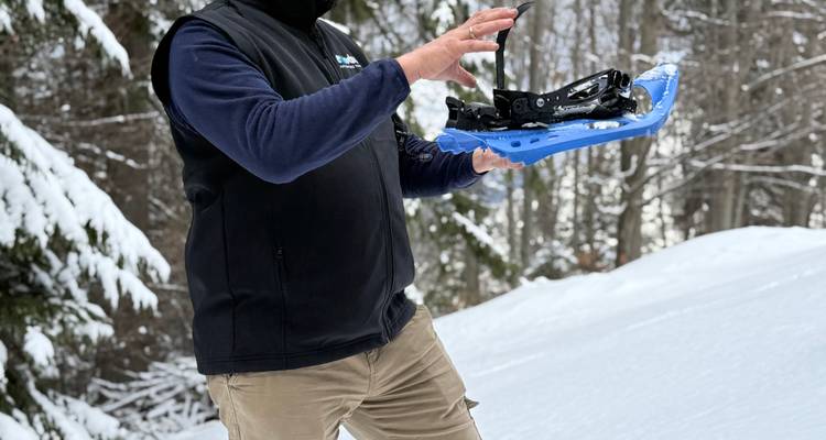 Una guía muestra una raqueta de nieve azul con un bosque nevado de fondo.