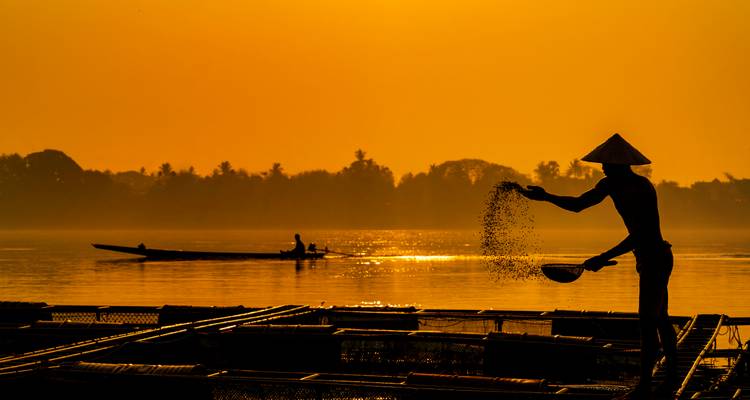Oranje zonsondergang silhouetten van vissers die voer uitstrooien terwijl een ander klein bootje over een brede rivier glijdt.