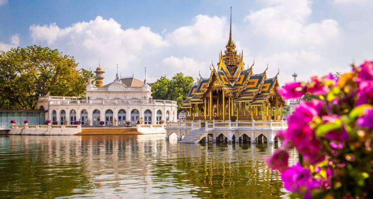 Vergoldeter Thai-Pavillon, der sich in einem Palastsee spiegelt, mit leuchtend rosa Blüten im Vordergrund.