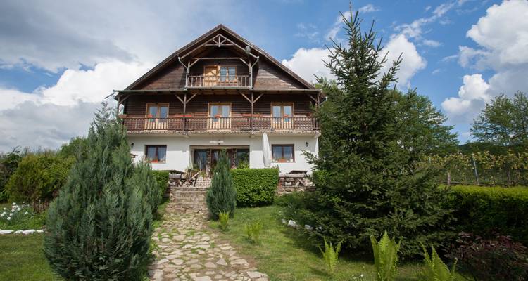 A traditional wooden house surrounded by a garden.