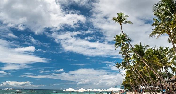 De grands palmiers se penchent sur une mer turquoise et un rivage de sable blanc éclatant sous des nuages tropicaux spectaculaires.